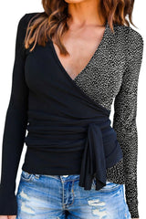 Black and Animal Print Color Block Long Sleeve Wrap Top