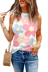 Pink Floral Print Round Neck Sleeveless Top