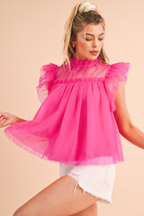 Strawberry Pink Ruffle Trim Mesh Layered Blouse