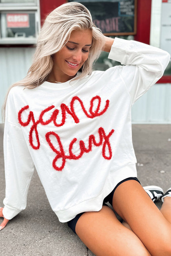 White Tinsel Game Day Drop Shoulder Sweatshirt