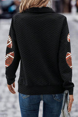 Black Sequin Rugby Football Patched Quarter Zip Textured Sweatshirt