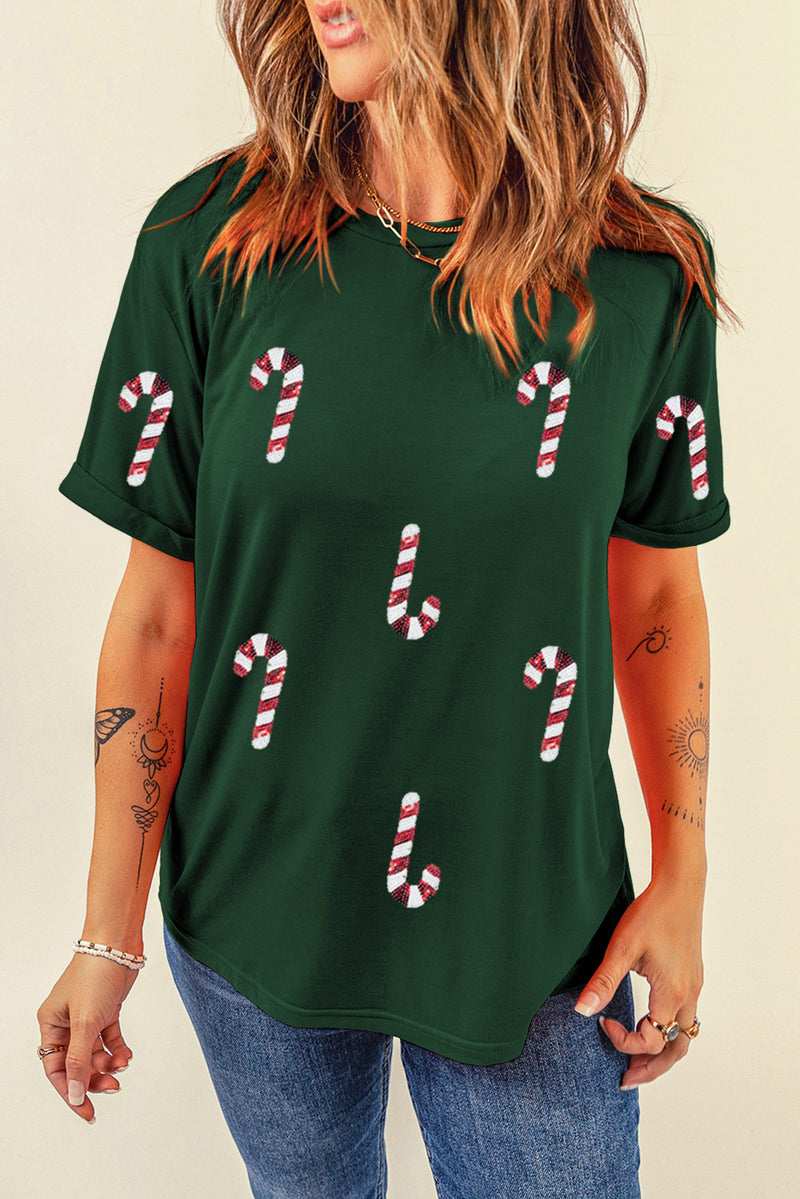 Green Christmas Candy Cane Round Neck T Shirt