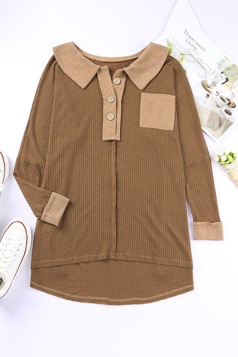 Brown Waffle Pocket Seam Patchwork Loose Knit Top