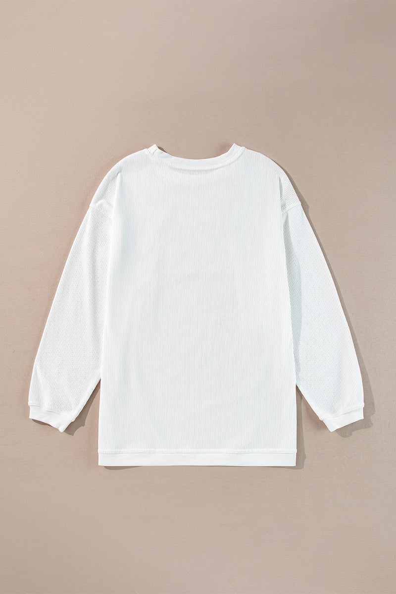 White JOY to the world Ribbed Crewneck Graphic Pullover Sweatshirt