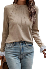 Parchment Seam Detail Lace Contrast Cuffs Raglan Sleeve Top