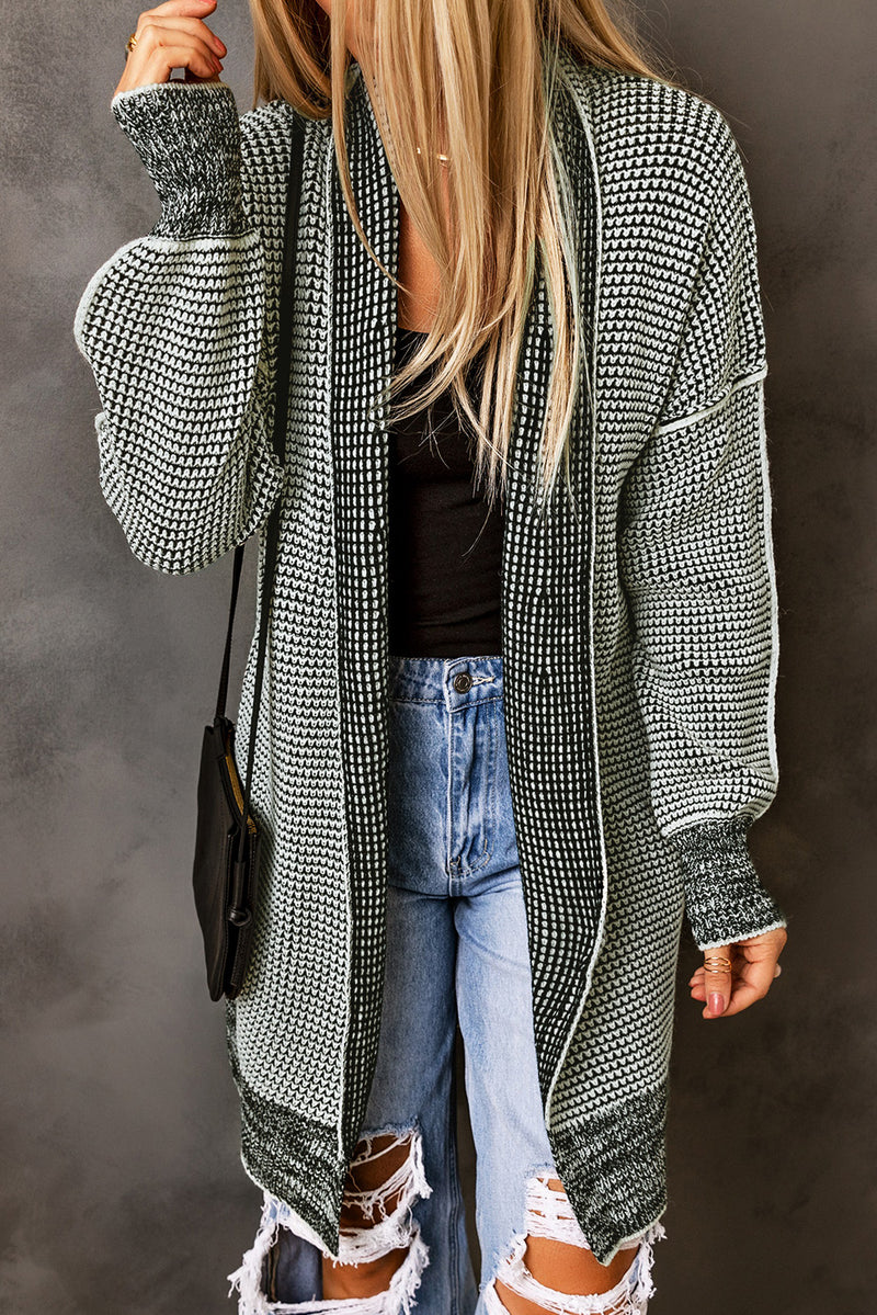 Black Plaid Casual Contrast Trim Knit Cardigan