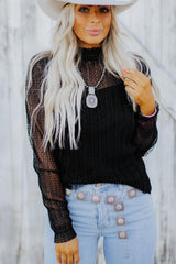 Black Dotty Lace Long Sleeve Mock Neck Sheer Top