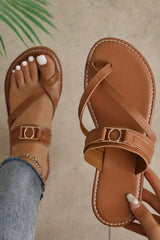 Chestnut Cross Toe Metal Buckle Strap Flat Slippers