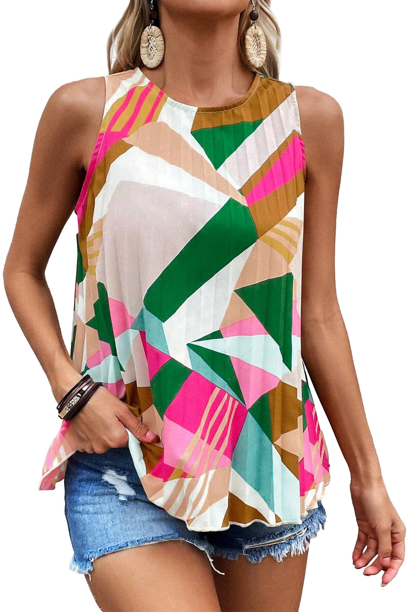 Multicolor Boho Geometric Print Keyhole Back Pleated Sleeveless Shirt