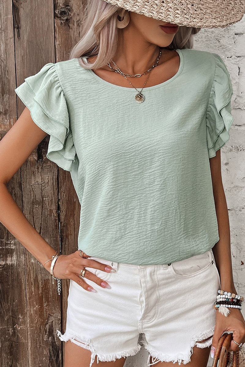 Clearly Aqua Solid Color Ruffle Sleeve Crinkled Blouse