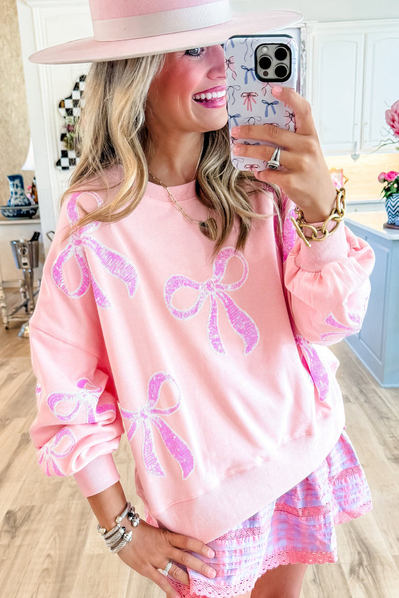 Beau Blue Sequin Bow Drop Shoulder Oversized Sweatshirt