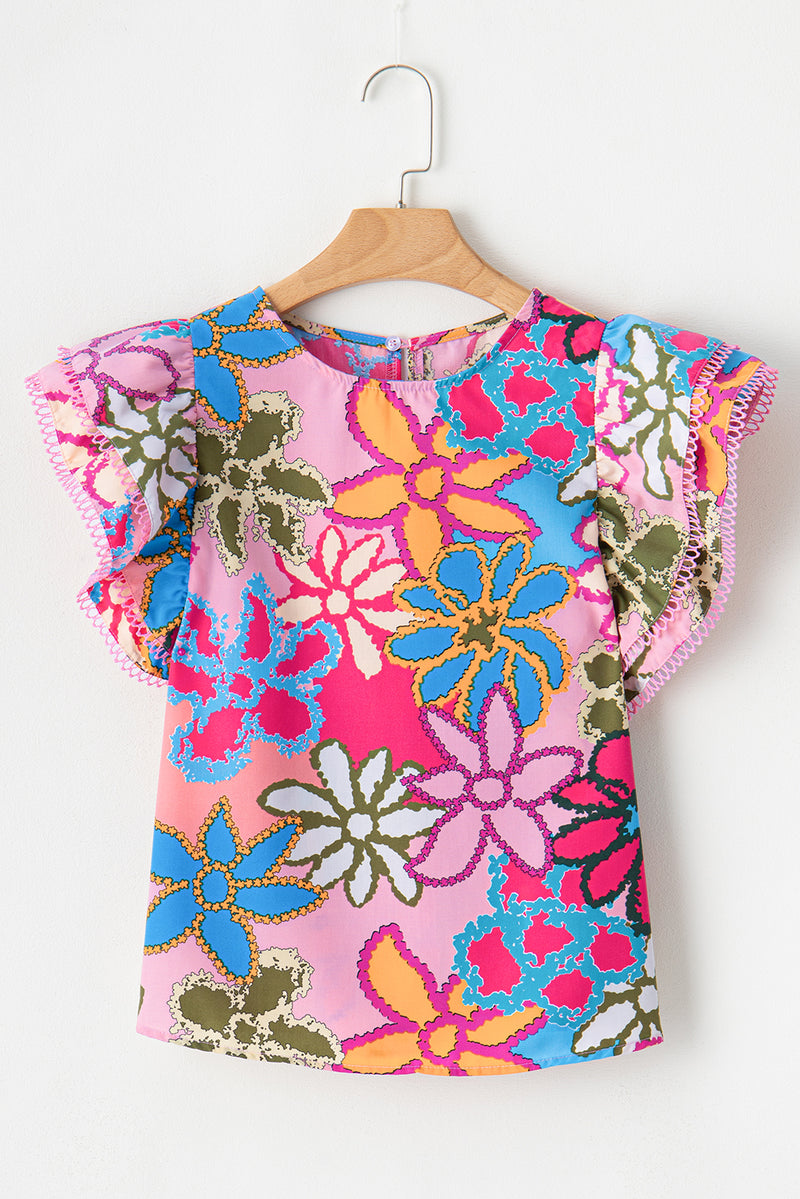 Multicolor Floral Print Boho Top Tiered Ruffle Sleeve Blouse