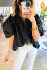 Black Ruched Puff Sleeve Loose Buttoned Up Blouse