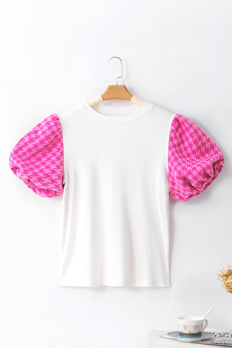 White Tweed Lantern Sleeve Patchwork Blouse