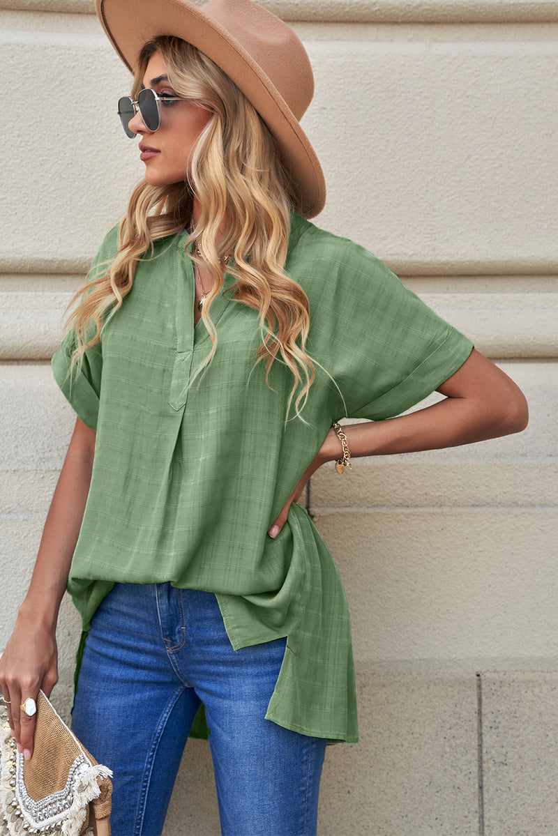 Green Plaid Print Loose V Neck Short Sleeve Slits Blouse