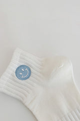 Light Blue Cute Smile Face Embroidered Cotton Socks