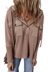 Dark Brown Flap Pocket Patchwork Corded Drawstring Hoodie