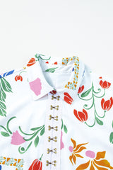 White Floral Print Split Neck Pocketed Shirt Collar Romper
