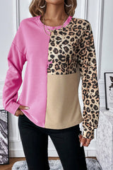 Bonbon Casual Waffle Knit Leopard Contrast Long Sleeve Top