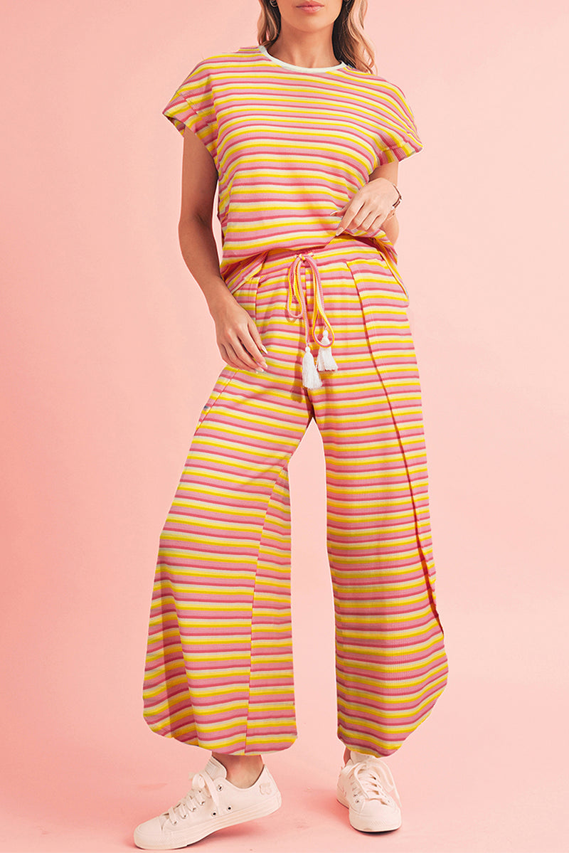 Yellow Stripe Rainbow Tee and Tassel Drawstring Wide Leg Pants Set