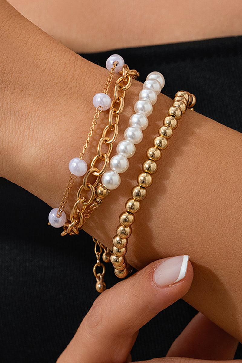 Gold Plated Chain Pearl Beaded 4Pcs Minimalist Bracelet Set