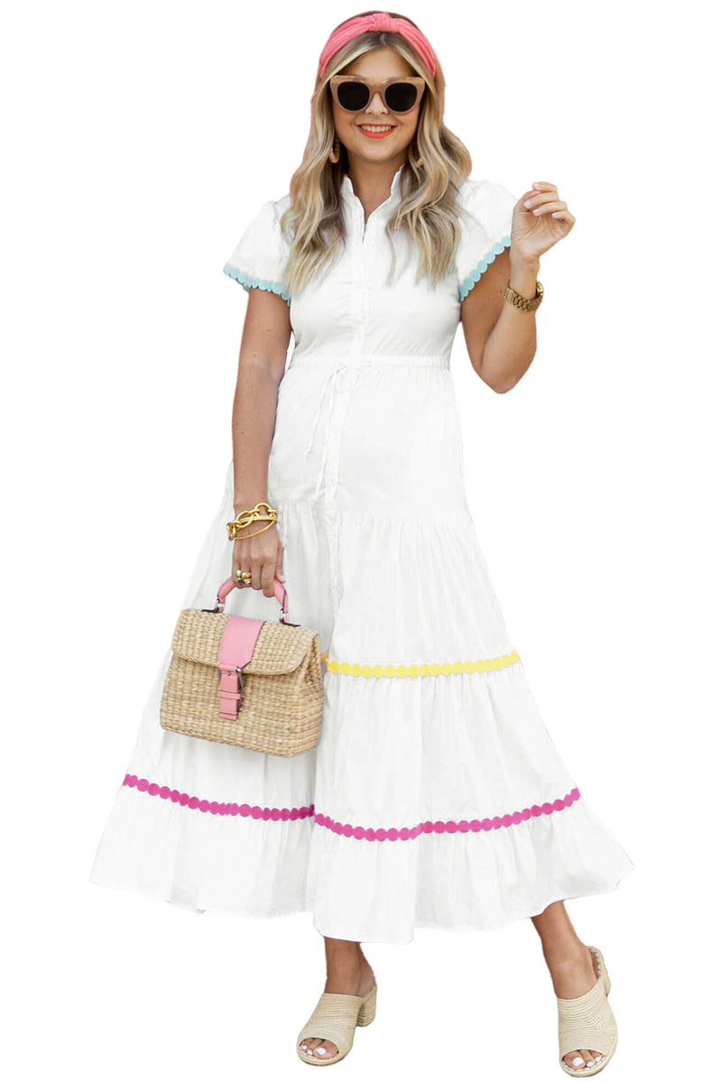 Wholesale White High Waist Short Sleeve Tiered Shirt Dress