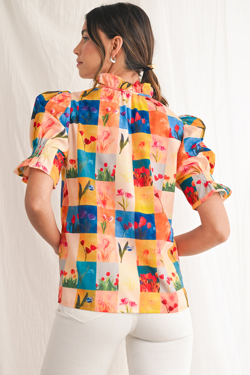 Multicolour Boho Floral Checkered Frill V-Neck Blouse