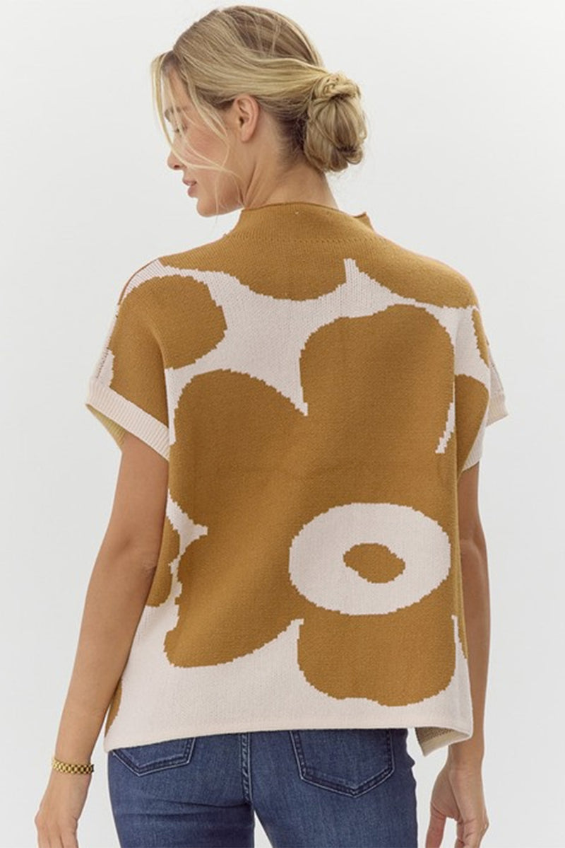 Camel Flower Print Mock Neck Knit Top