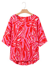 Red Abstract Print V Neck Batwing Sleeve Oversized Blouse