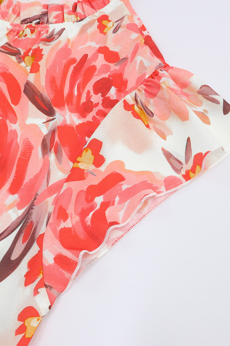 Red Plus Size Watercolor Floral Print Frill Neck Blouse