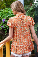 Orange Boho Ruffle Neck Flounce Sleeve Floral Blouse