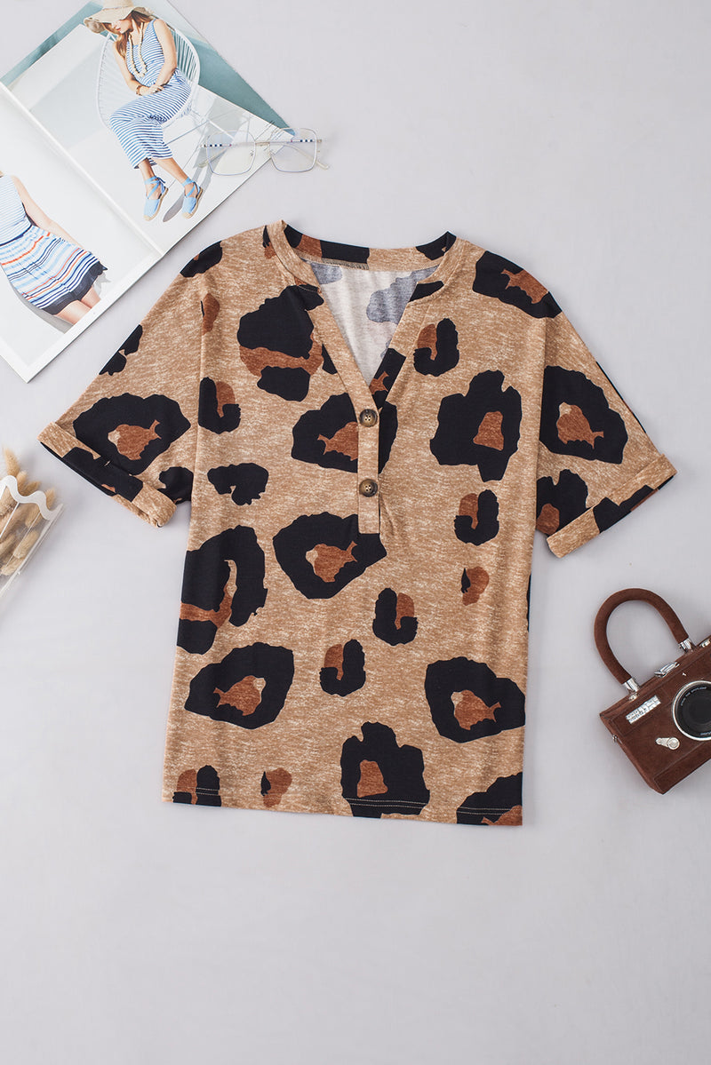 Light Beige Leopard Print Button V Neck T Shirt