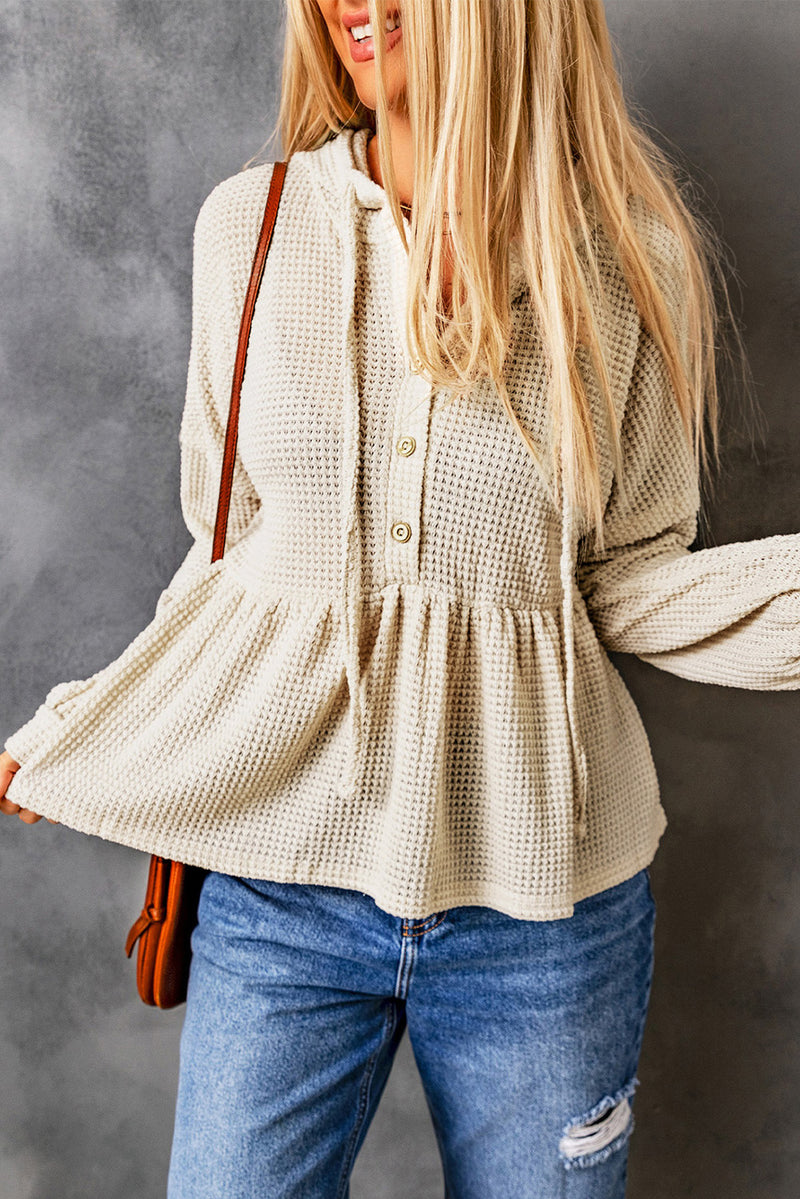 Apricot Waffle Casual Button Ruffle Knit Hoodie