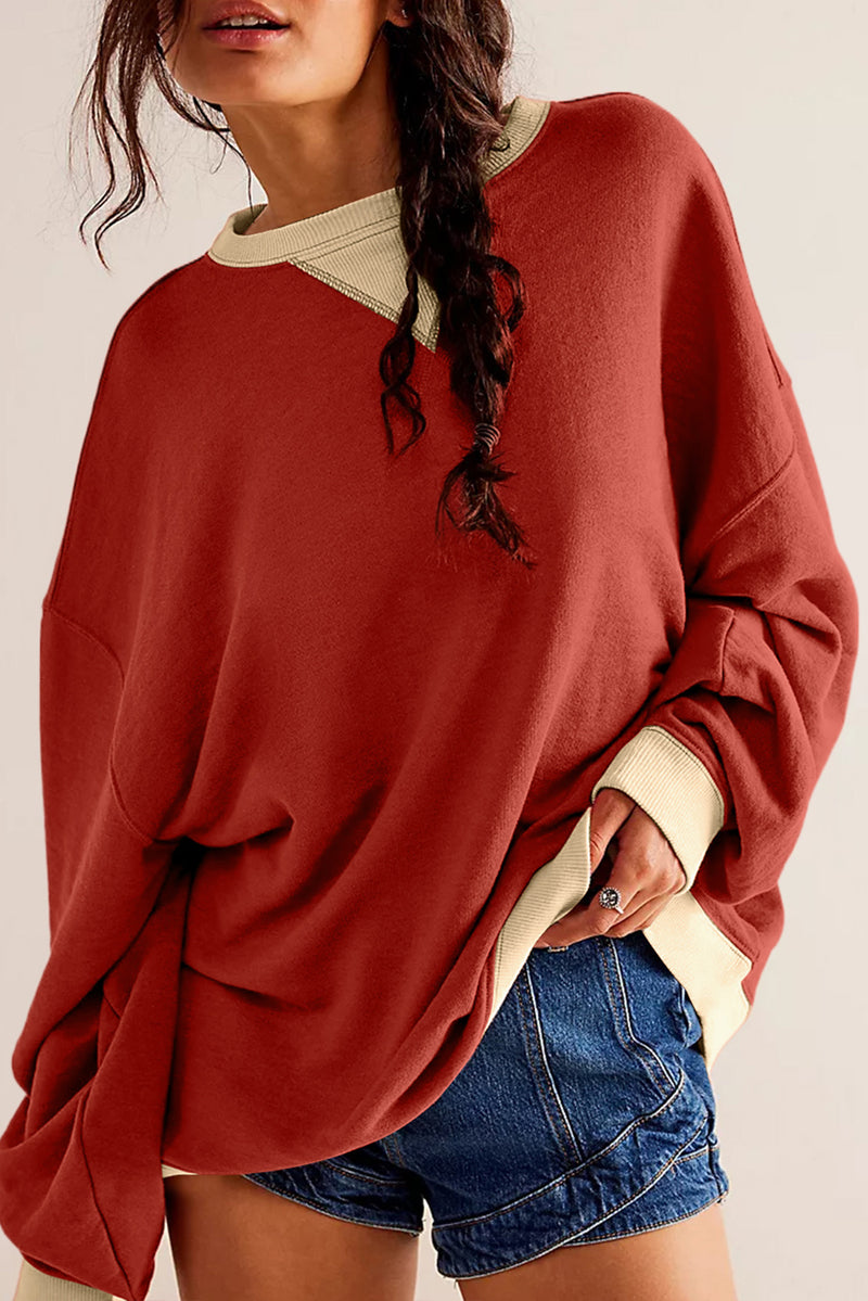 White Color Block Drop Shoulder Crewneck Oversized Sweatshirt