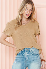 Mist Green Tulip Sleeve Waffle Knit V Neck T-Shirt