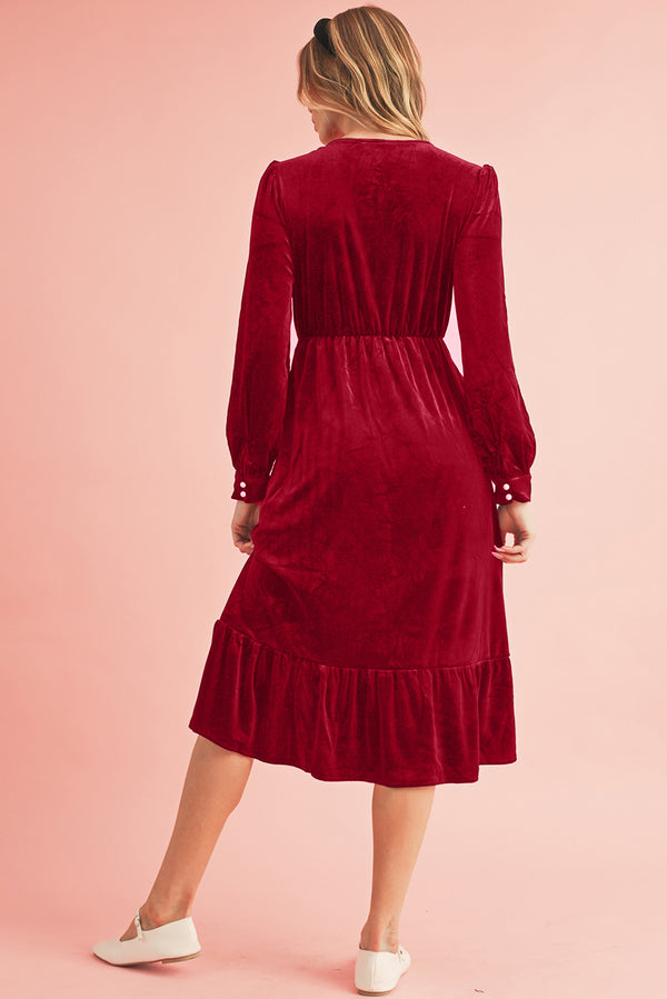 Racing Red Velvet Buttoned Puff Sleeve V Neck Split Midi Dress