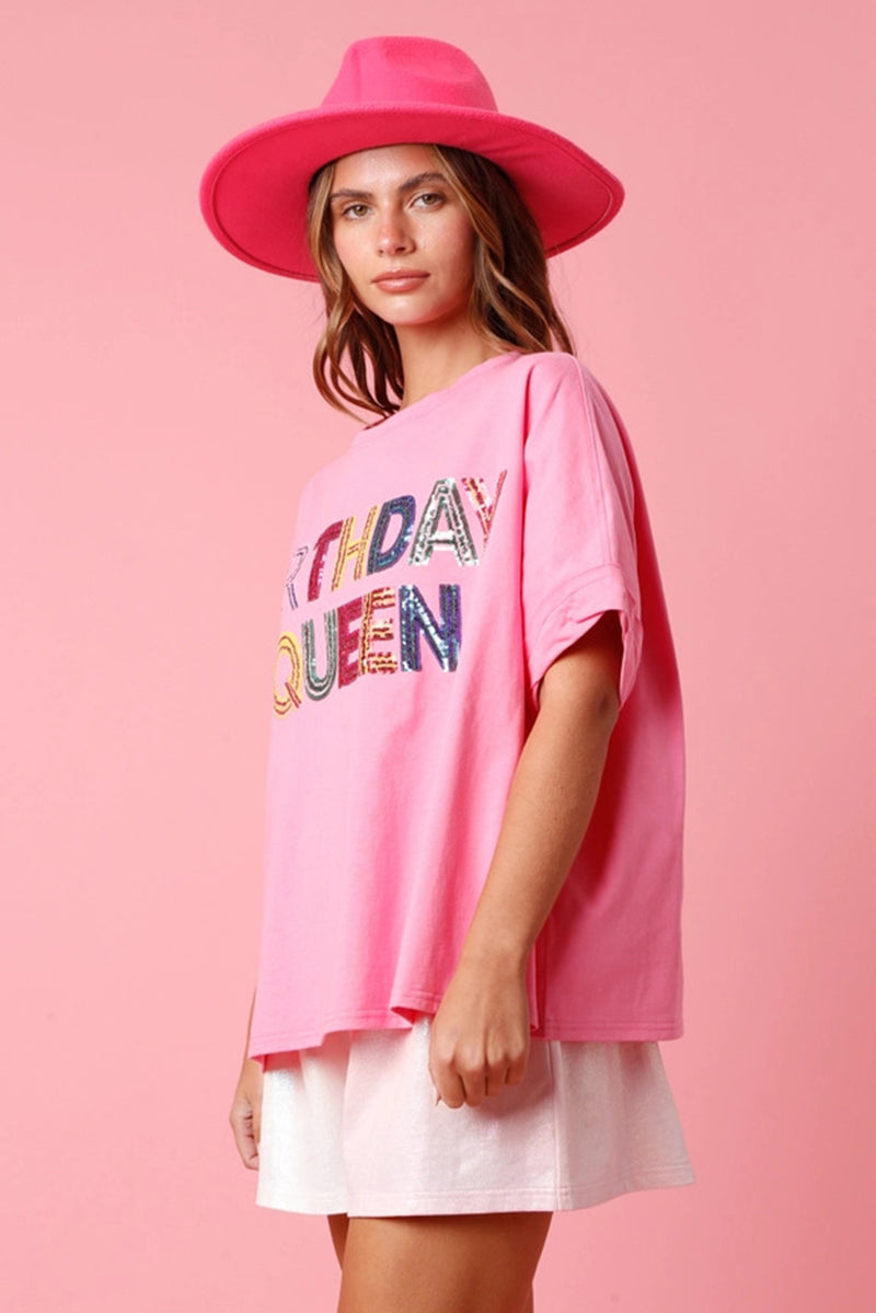 Pink Sequin BIRTHDAY QUEEN Pattern Round Neck T Shirt