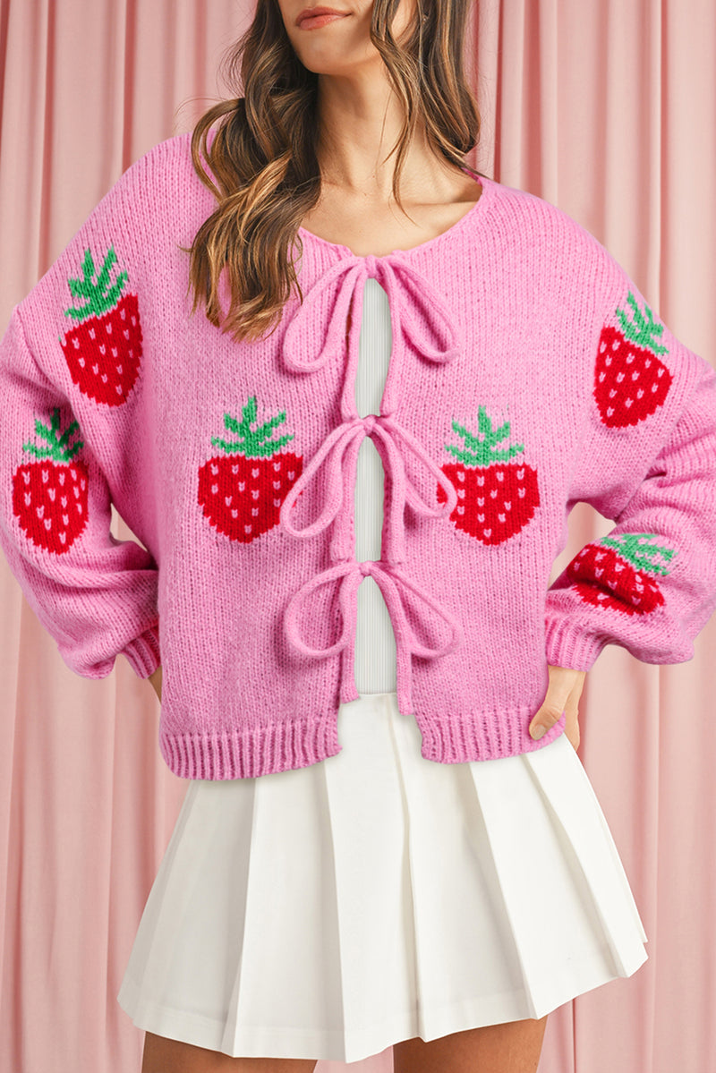 Rose Strawberry Print Bowknot Knit Cardigan