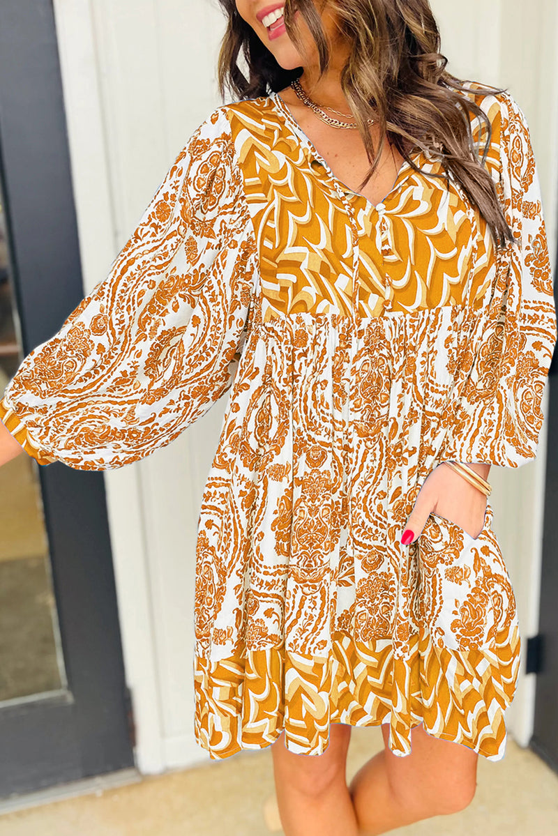 Orange Bohemian Print Lantern Sleeve V Neck Flared Mini Dress