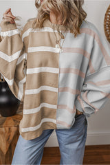 Khaki Stripe Exposed Seam Patchwork Loose Sweatshirts