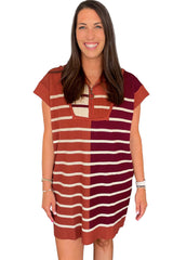 Brown Stripe Color Block Short Sleeve Quarter Zip Mini Dress