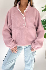 Fushia High Collar Long Sleeve Pocket Pullover Sweatshirt