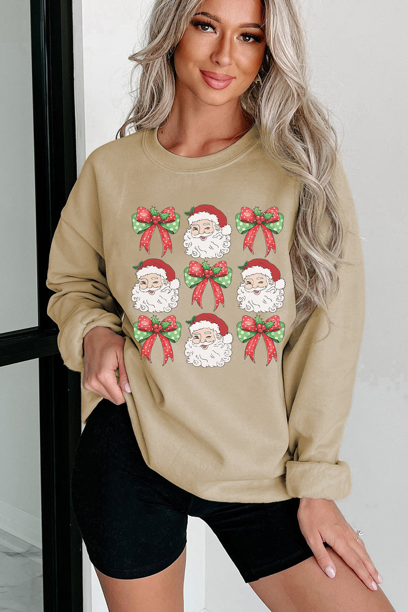 Parchment Christmas Santa Claus Bow Knot Print Drop Shoulder Sweatshirt