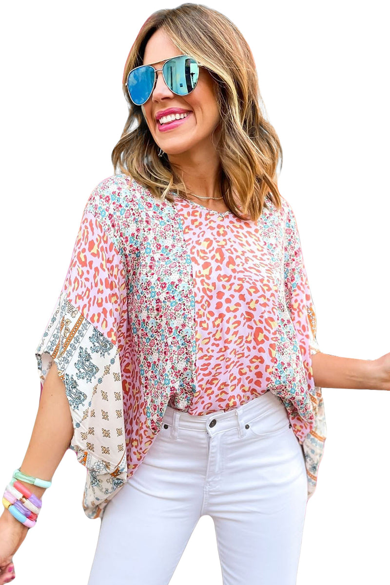 Multicolor Leopard Floral Mix Print Batwing Sleeve Cape Blouse