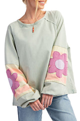 Smoke Green Flower Patchwork Exposed Seam Raglan Sleeve Top