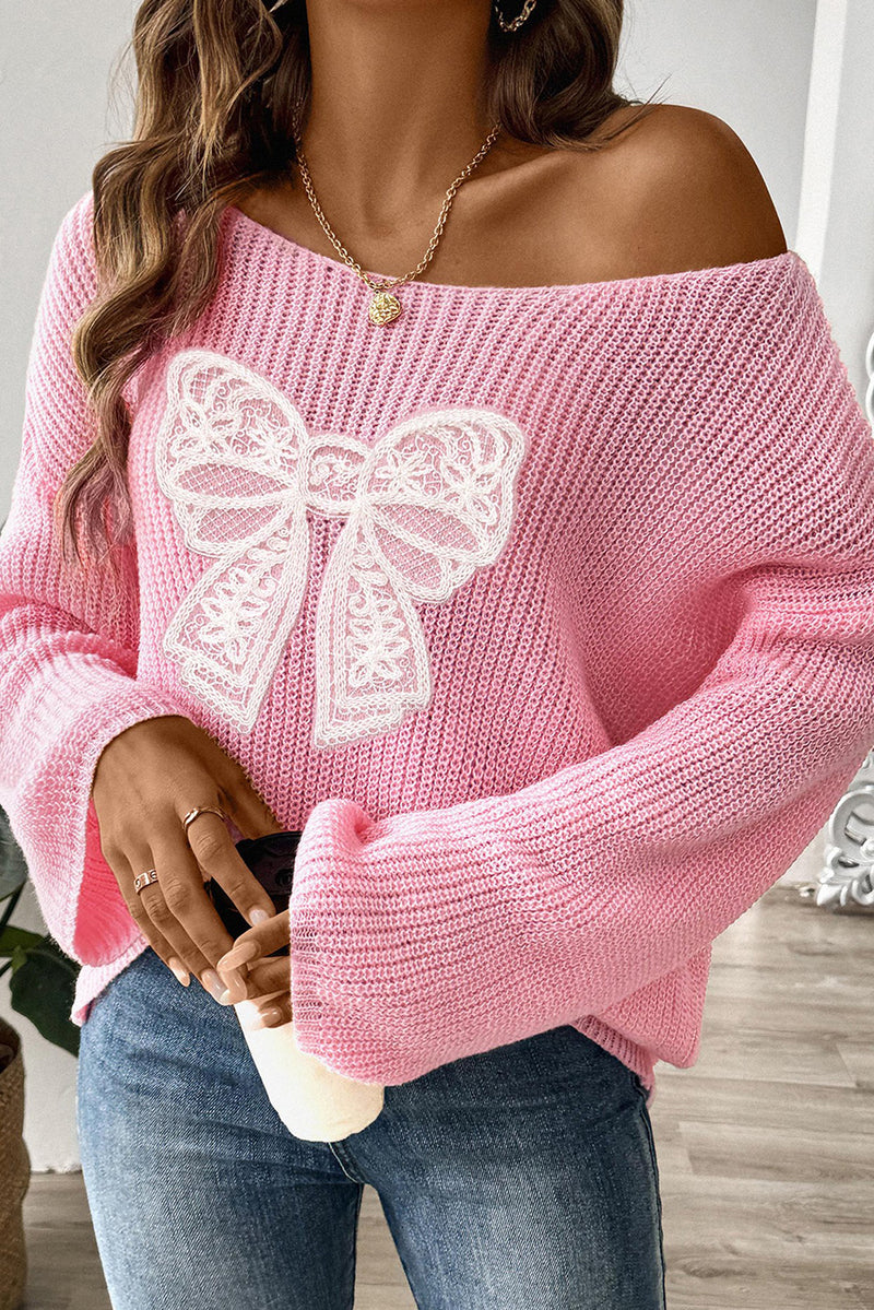 Pink Sweet Lace Bow Round Neck Knit Sweater