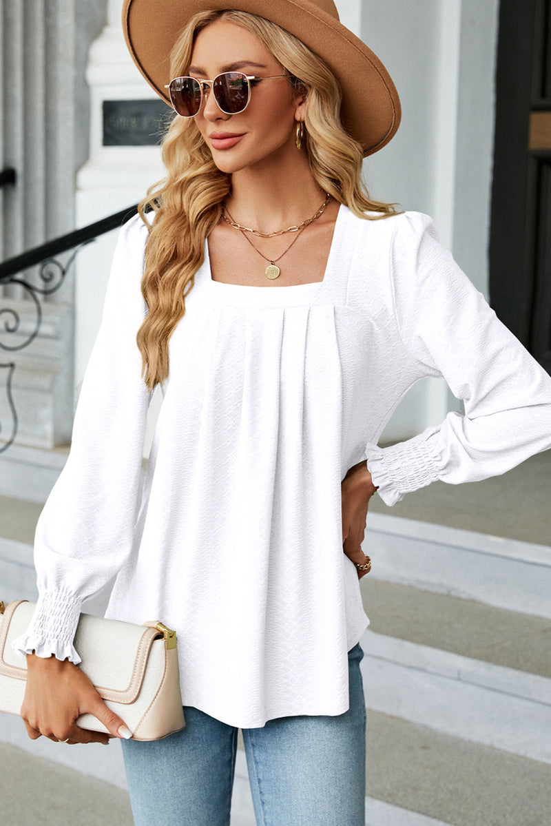 White Solid Color Textured Pleated Blouse