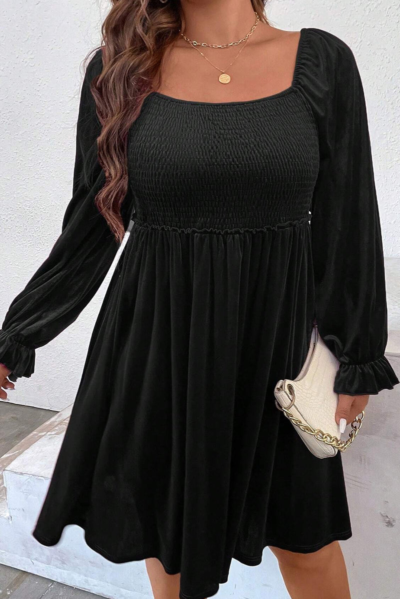 Black Velvet Flounce Sleeve Shirred Bodice Plus Size Babydoll Dress