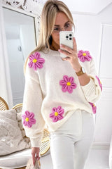 White Plus Size 60s Flower Drop Shoulder Knit Sweater