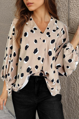 Khaki Leopard V Neck Bracelet Sleeve Blouse